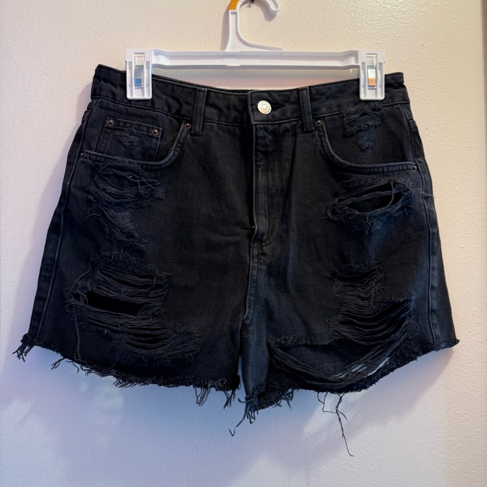 Topshop Black Distressed High-Rise Denim Shorts